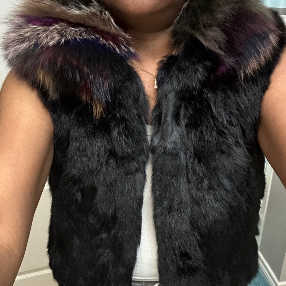 Adrienne Landau Black Vest with Multicolor Fur Collar